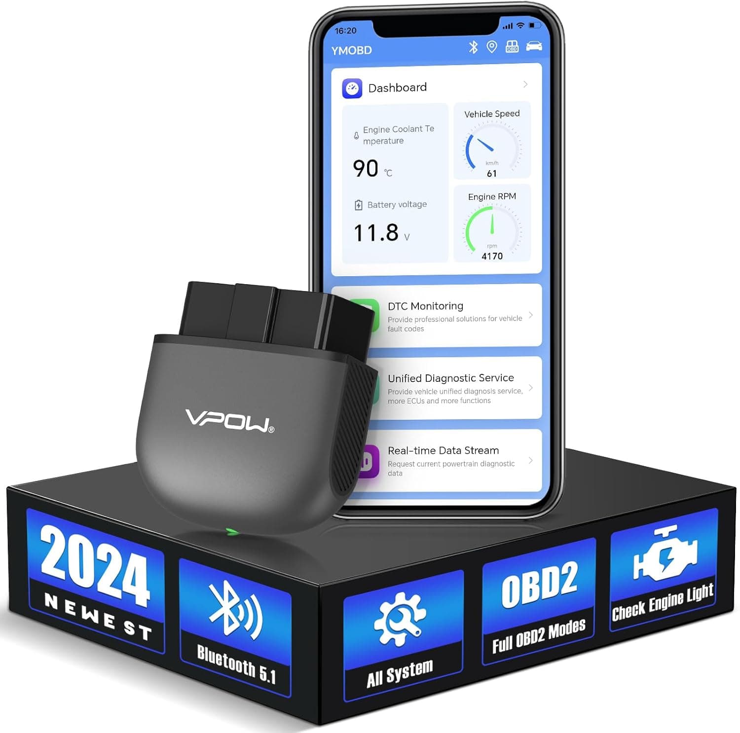 VPOW OBD2 Diagnosis Bluetooth 5.1 | Scanner automóvel sem fios para diagnóstico multimarca compatível com iOS e Android