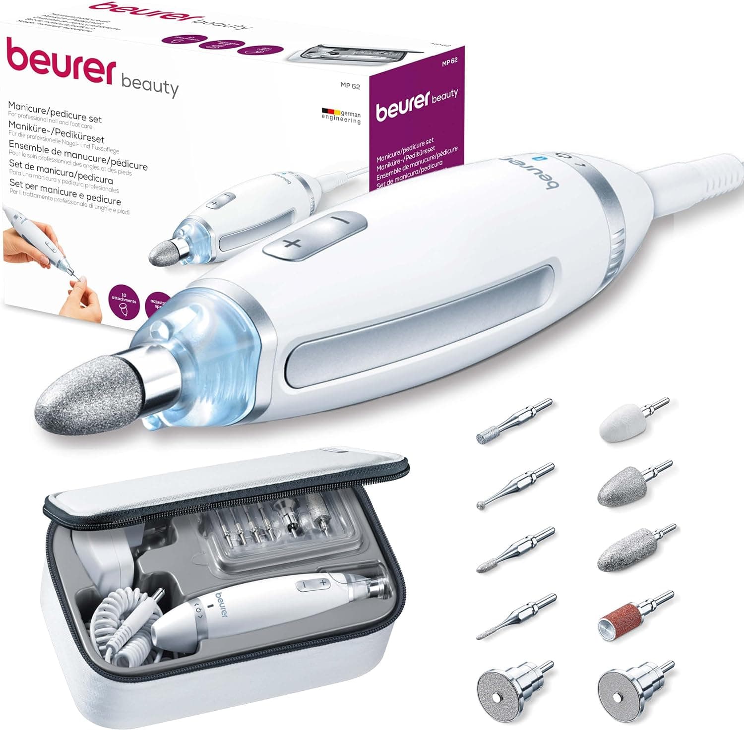 Beurer MP 62 Set de manicure e pedicure, torno de unhas elétrico com 10 acessórios de alta qualidade, luz LED, controlo de velocidade infinitamente variável, com bolsa de armazenamento