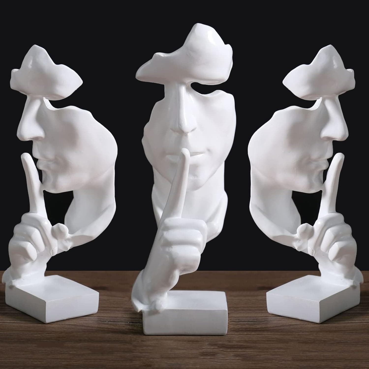 Silence is Golden Decoração de sala de estar, decoração moderna, decoração de quarto, decoração de escritório, figuras artesanais em resina, 28 cm H - preto/branco/dourado/prata/cobre, branco