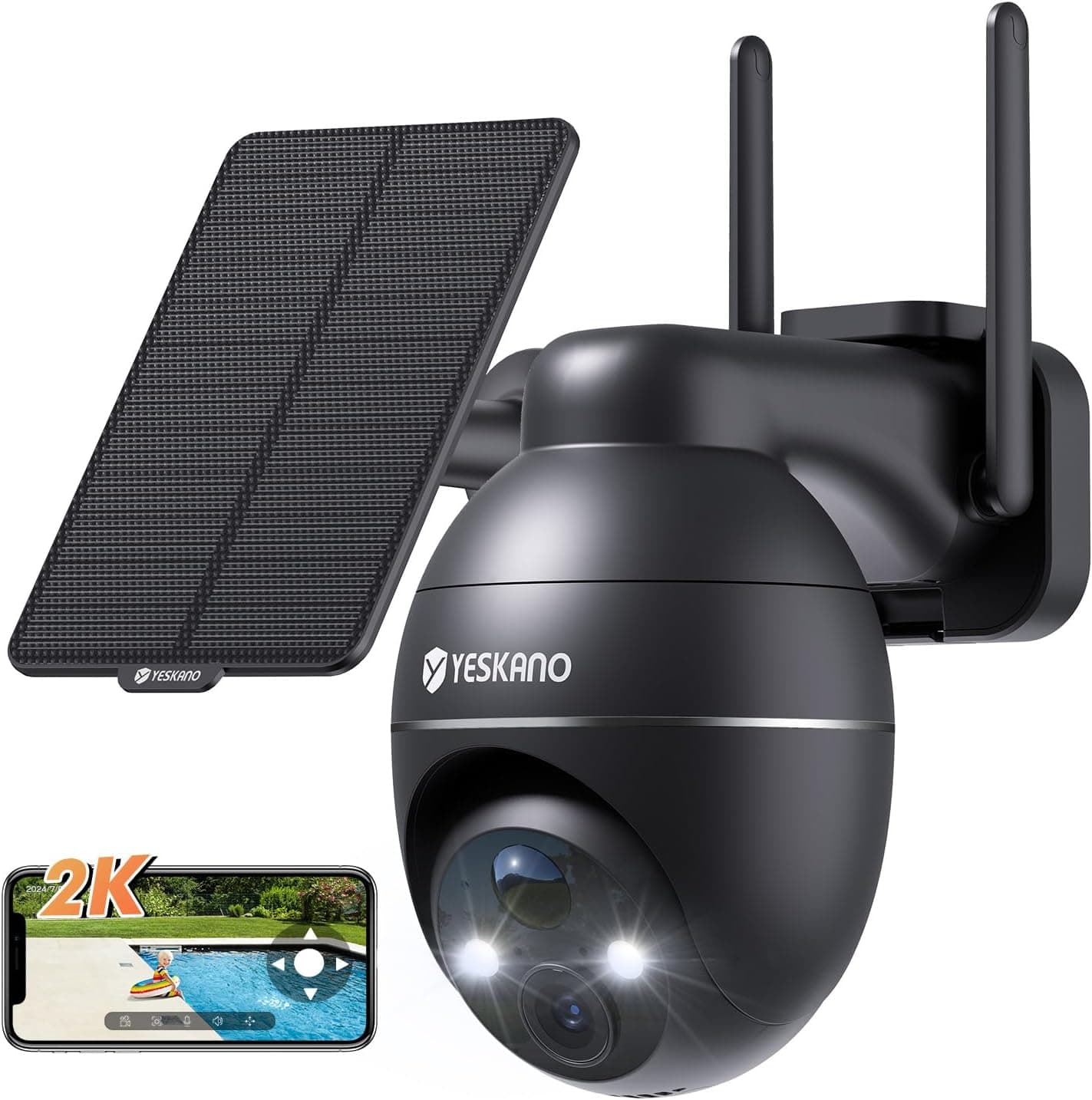 YESKANO Câmara de vigilância WiFi exterior solar, 2K câmaras de vigilância sem cabos, 360° PTZ, visão noturna colorida, 2,4 GHz Wi-Fi, detecção de IA, PIR sereia, IP66 (preto)