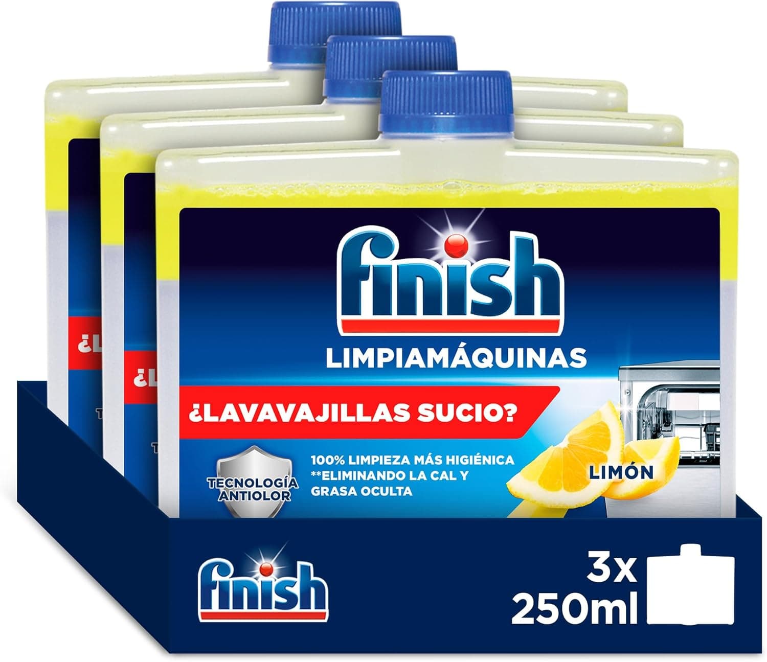 Finish Limpeza higiénica para máquina de lavar louça contra mau odor, cal e gordura, multicolorido, 250 ml x 3 limão