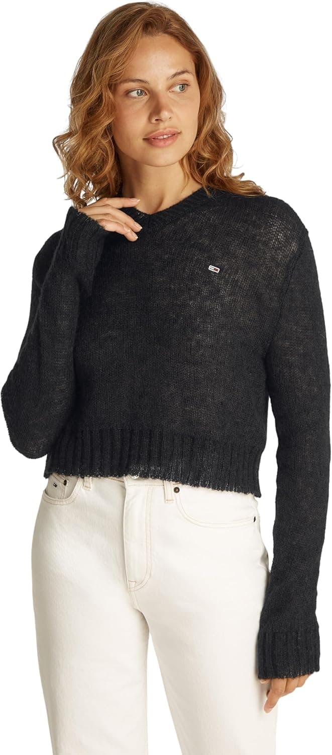 Tommy Jeans | Jersey feminino em malha aberta com decote em V