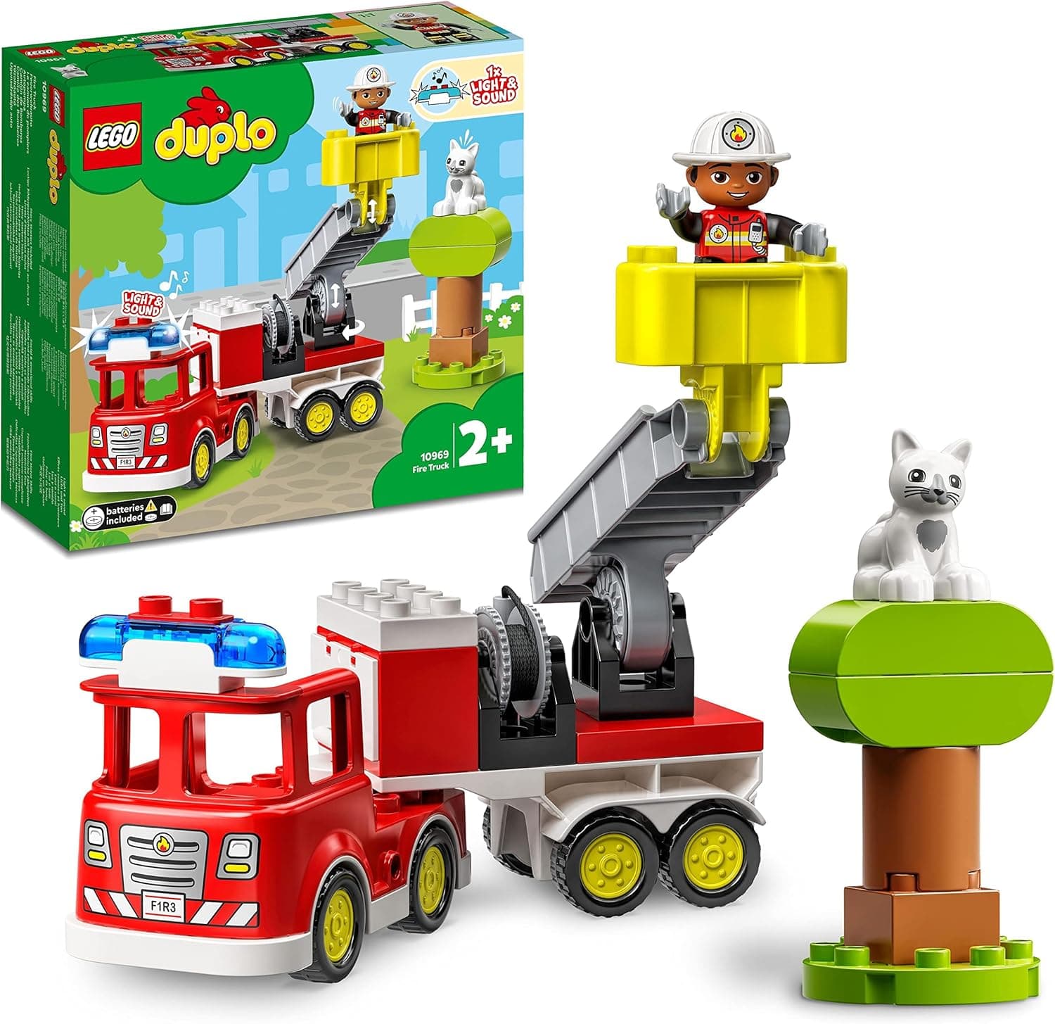 LEGO Duplo camião de bombeiros de brinquedo, brinquedos educativos para meninos e meninas de 2 anos ou mais, veículo com luz e som, conjunto com figura de gatinho, presente infantil de aniversário