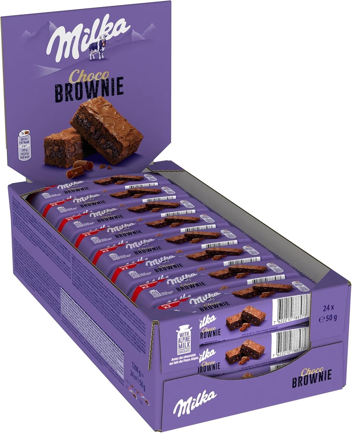 Milka Choco Brownie, bolo de chocolate com leite dos Alpes e pedaços de chocolate com leite, embalagem de 24 x 50 g