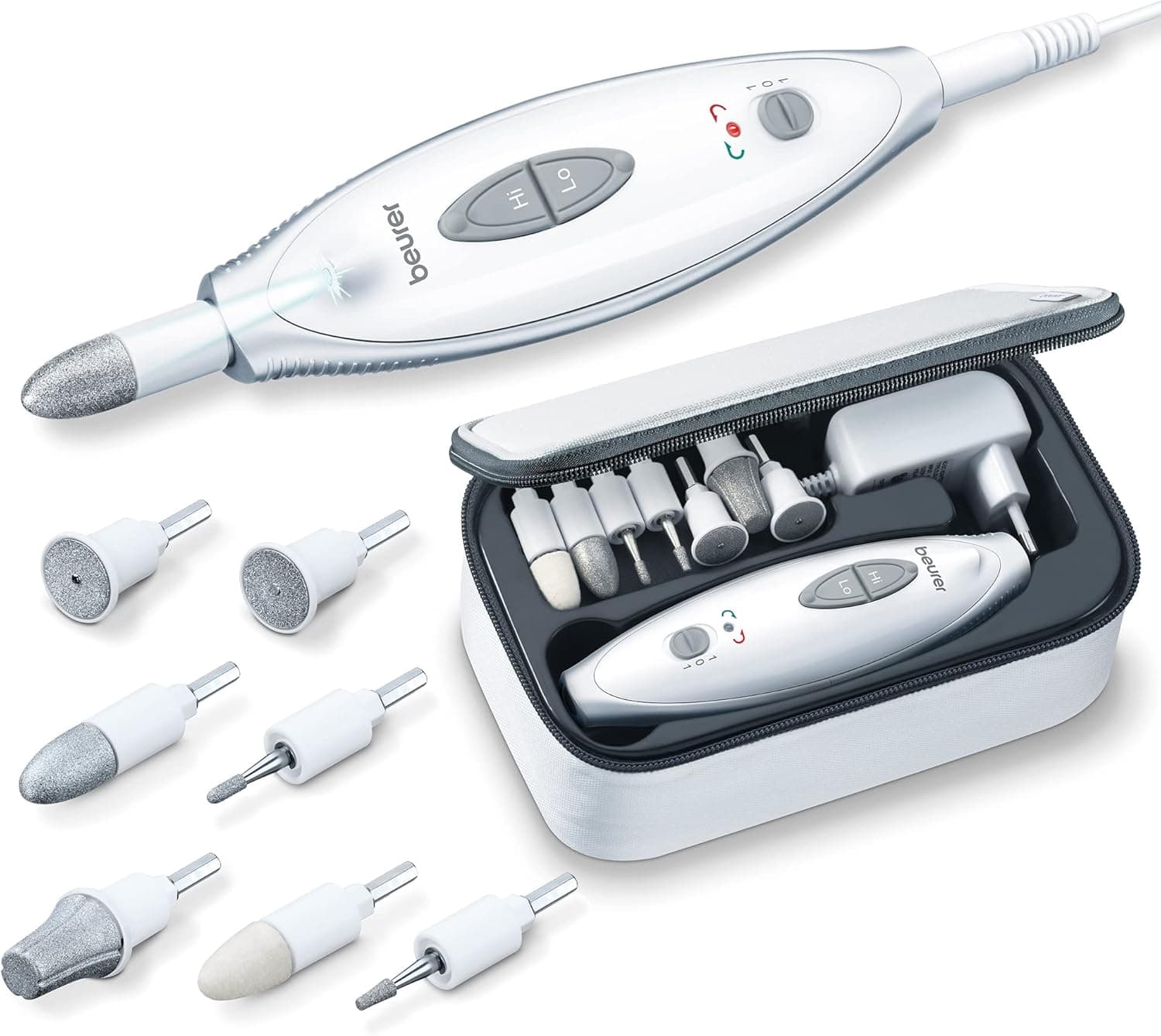 Beurer MP 41 Conjunto de manicure e pedicure profissional, torno de unhas com 7 acessórios, luz LED, rotação direita/esquerda, 2 velocidades, bolsa incluída