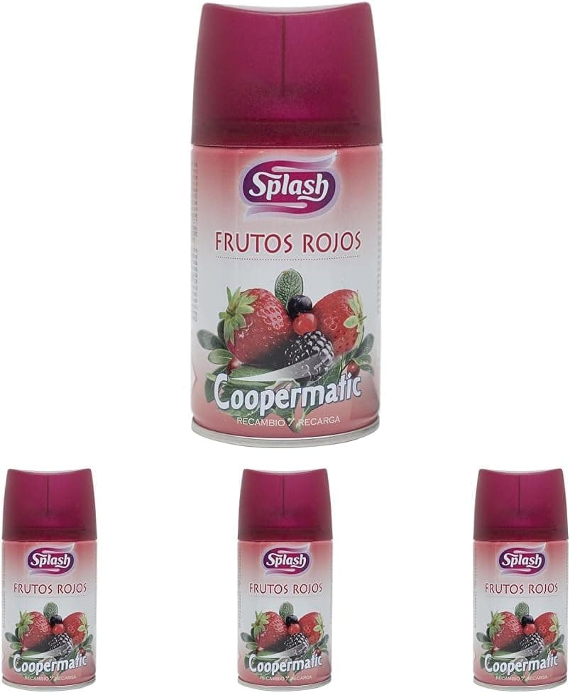 SPLASH Aromatizador em spray | substituição automática, ambiente Coopermatic durável, refrescante e elimina odores, fragrância fresca frutas vermelhas, agitação antes de usar, 250 ml (embalagem de 4)