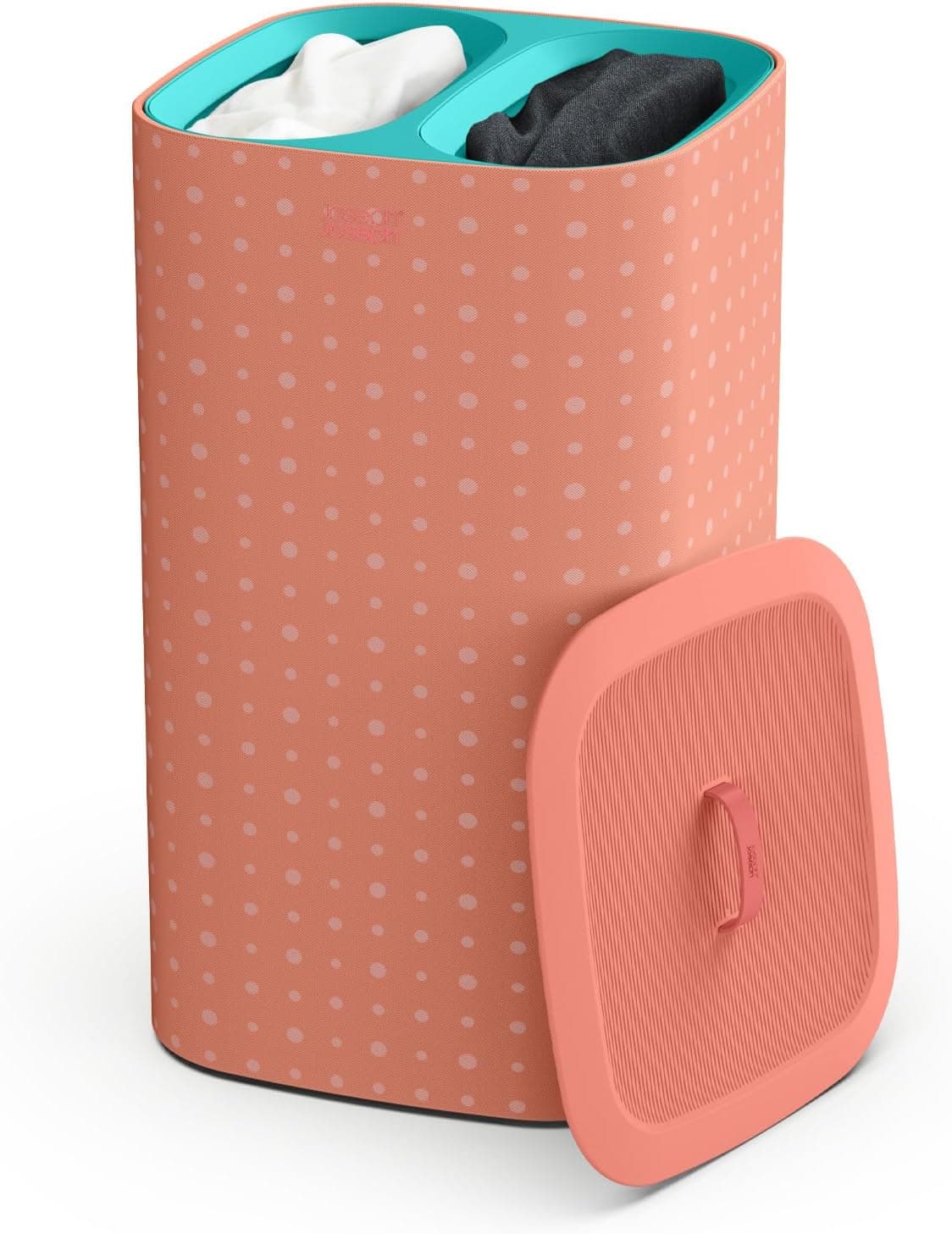 Joseph Joseph Tota Pop, cesto de roupa suja com tampa, 60 litros, sistema de separação de roupa com 2 bolsas removíveis com alças, coral / verde