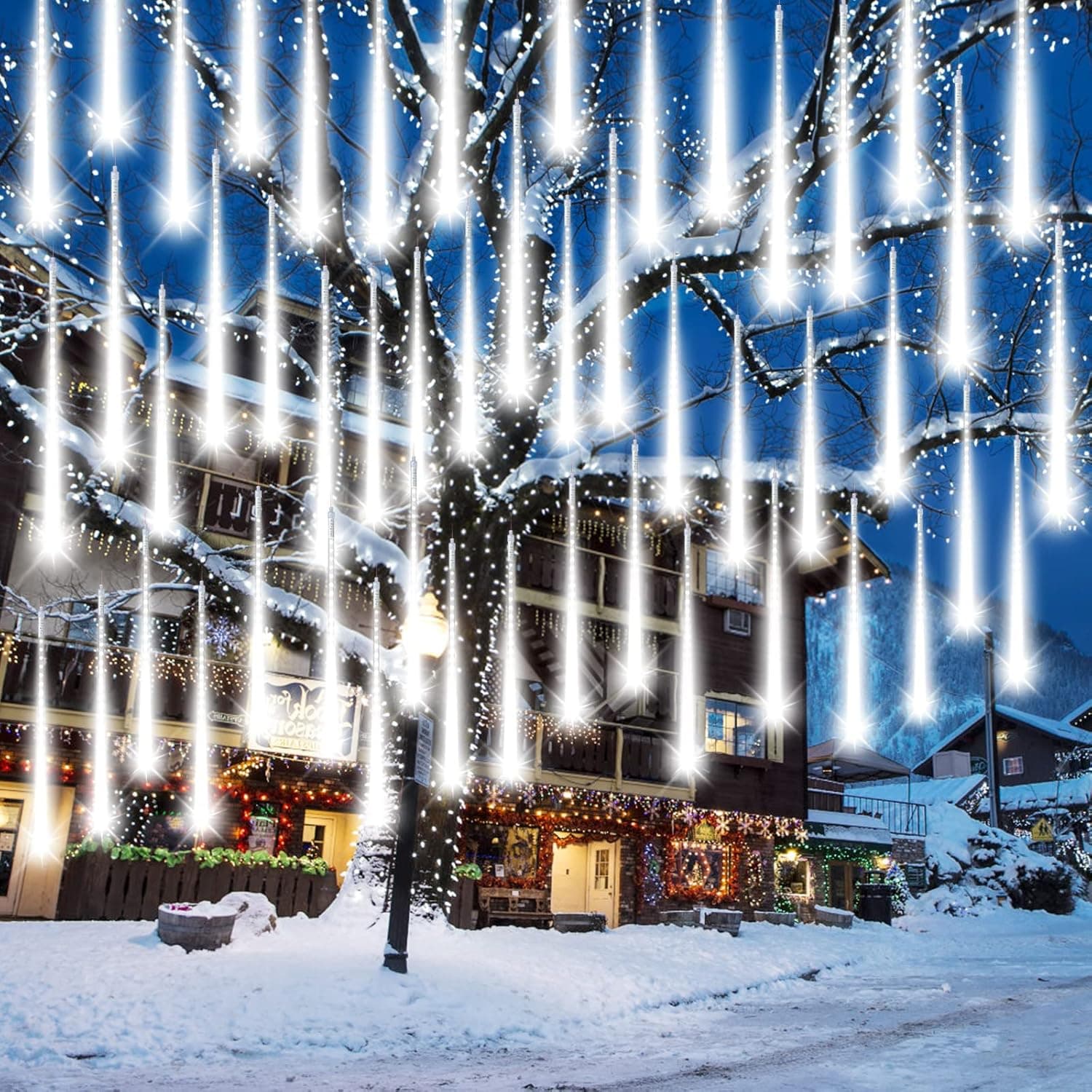 Luzes de Natal chuva, luzes LED Natal chuva meteoritos AUINSKY de 50 cm, 10 tubos, 480 LED, luzes de Natal exterior em cascata adequada para o Natal, decoração de jardim (branco frio)