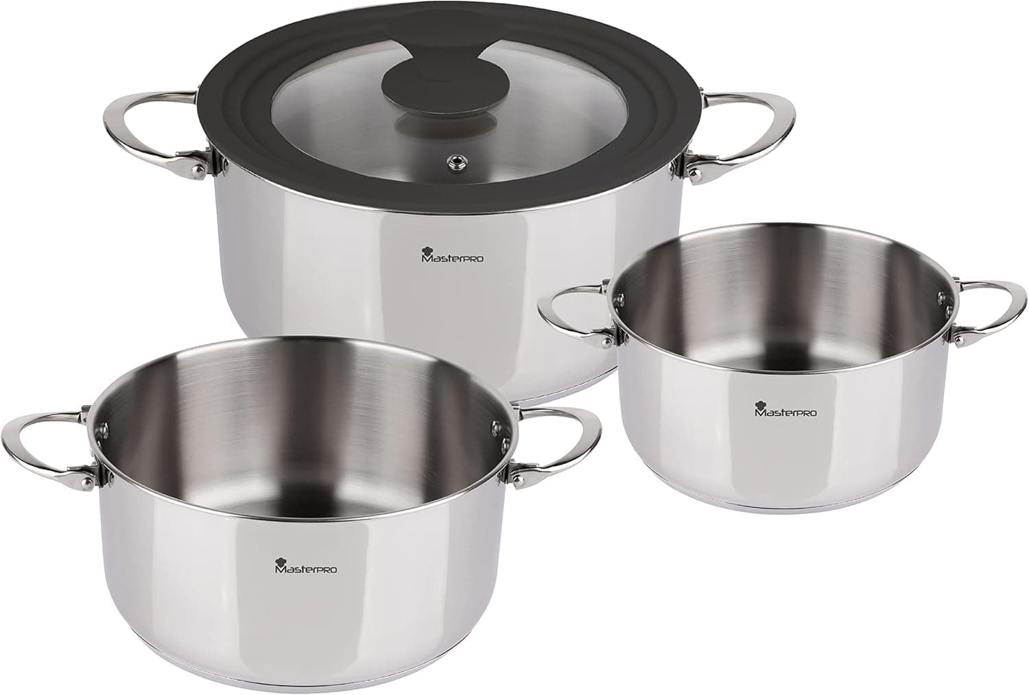 MasterPRO Foodies - Bateria de cozinha, conjunto de 4 peças com panelas de 16, 20 e 24 cm e tampa de vidro, feitas em aço inoxidável, compatíveis com todos os tipos de cozinhas