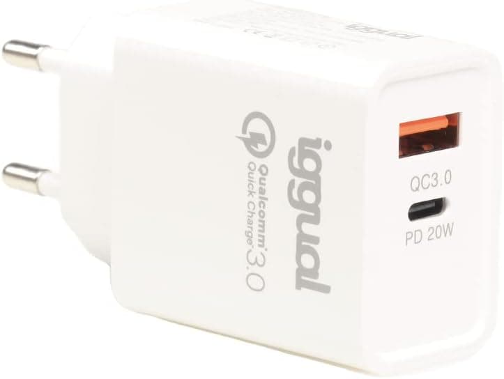 iggual. Carregador duplo rápido de 20 W de carga máxima. Total 1 x 20 W USB-A tecnologia QC 3.0 1 x 20 W USB-A-P. Compatível com qualquer marca dispositivo móvel. Branco