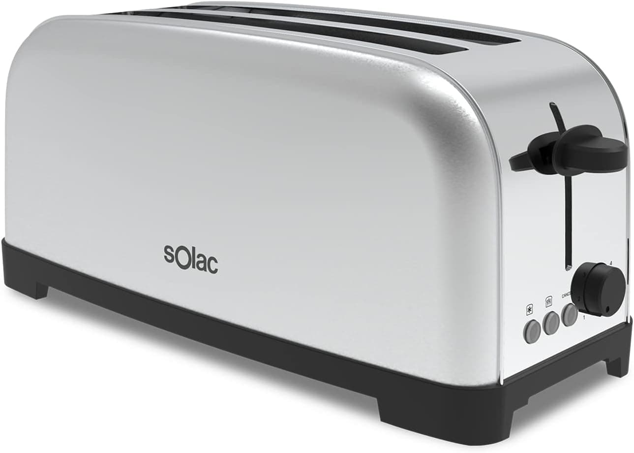 Solac Yé-Yé - Torradeira, 1400 W, 6 níveis de torrado, duas ranhuras extra longas de largura variável, funções: stop, reaquecer e descongelar, bandeja recolhe migalhas, aço inoxidável