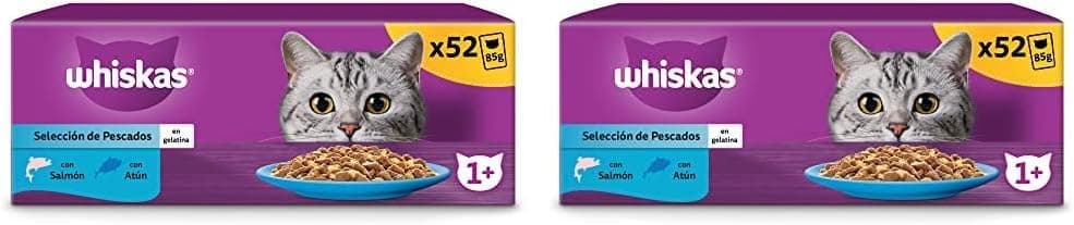 whiskas Comida húmida em gelatina para gatos adultos seleção de peixes, 104 saquetas x 85 g