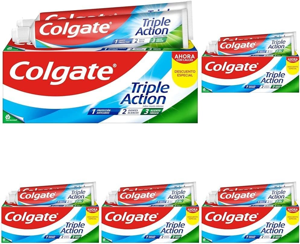 Colgate Tripla ação pasta de dentes, embalagem de 2 unidades x 75 ml, dentífrico com fluor, pasta de dentes anticáries, ajuda a manter os dentes brancos, refresca o fôlego, para toda a família