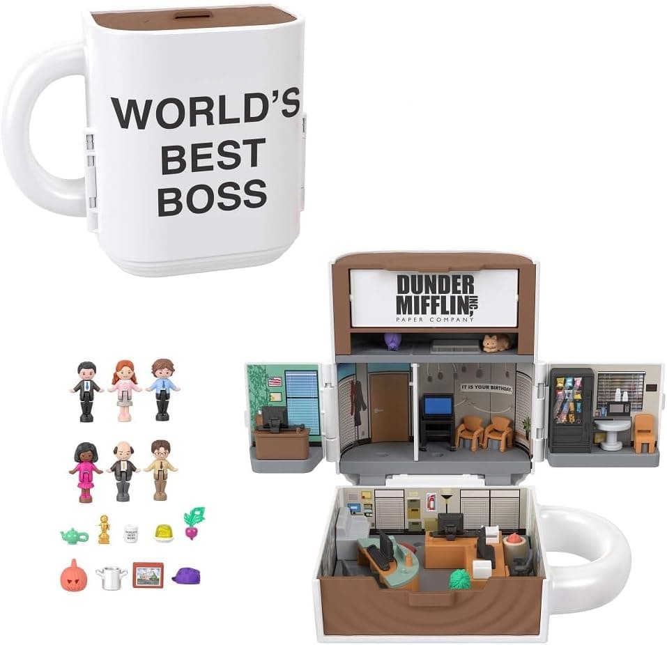 Polly Pocket JCC19 | Conjunto de caneca edição The Office com 6 figuras e 9 acessórios para fãs e colecionadores adultos