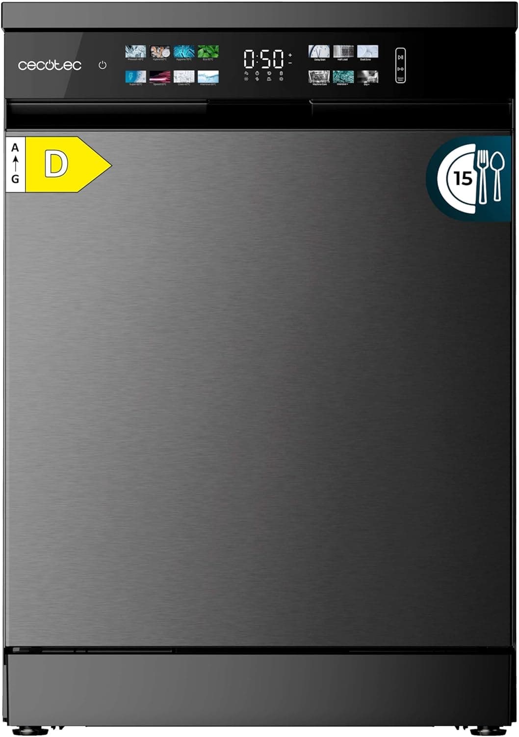 Cecotec Bolero Aguazero 6210 Dark D | Máquina de lavar loiça 60 cm livre instalação para 15 conjuntos com painel XXL, 8 programas, terceira bandeja e baixo consumo