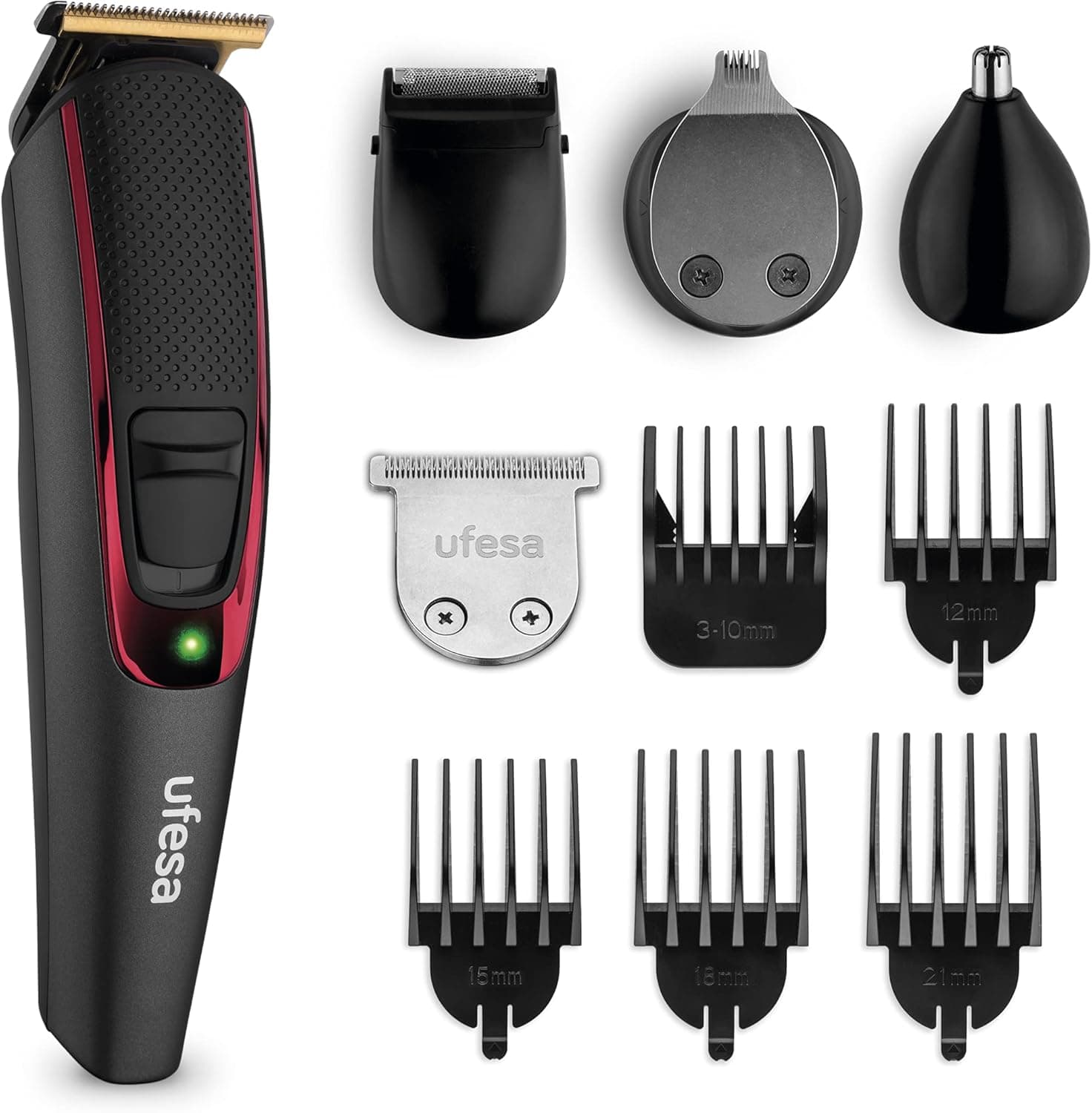 Ufesa GK6950 Máquina de cortar pelos e aparar de barba multi Groomer, 9 acessórios, nariz e orelhas, pente ajustável 4 pentes fixos, 13 comprimentos de corte, sem fio, 120 min de automonomia