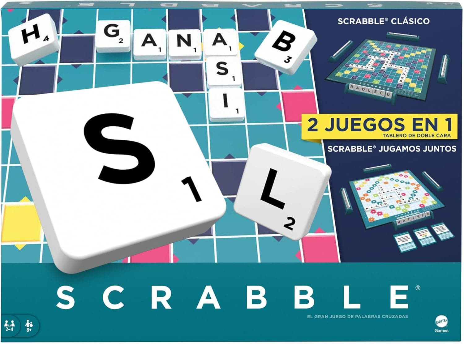 Mattel Games Scrabble 2 en 1 | Jogo de mesa com tabuleiro de dupla face e 50 cartas de objetivos para 2 a 4 jogadores