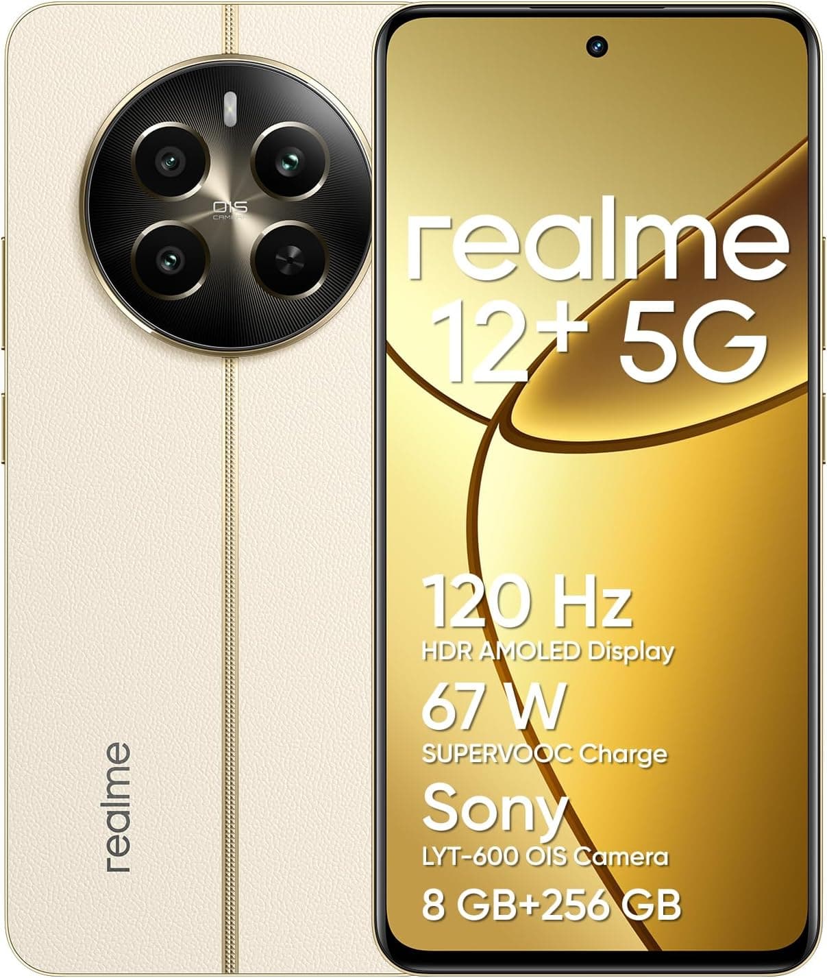 realme 12 Telemóvel 5G, 8 + 256 GB, Câmara Sony LYT-600 com OIS, Ecrã AMOLED 120 Hz, Processador Dimensity 7050, 5000 mAh, NFC, Bege, sem Entrada de Áudio