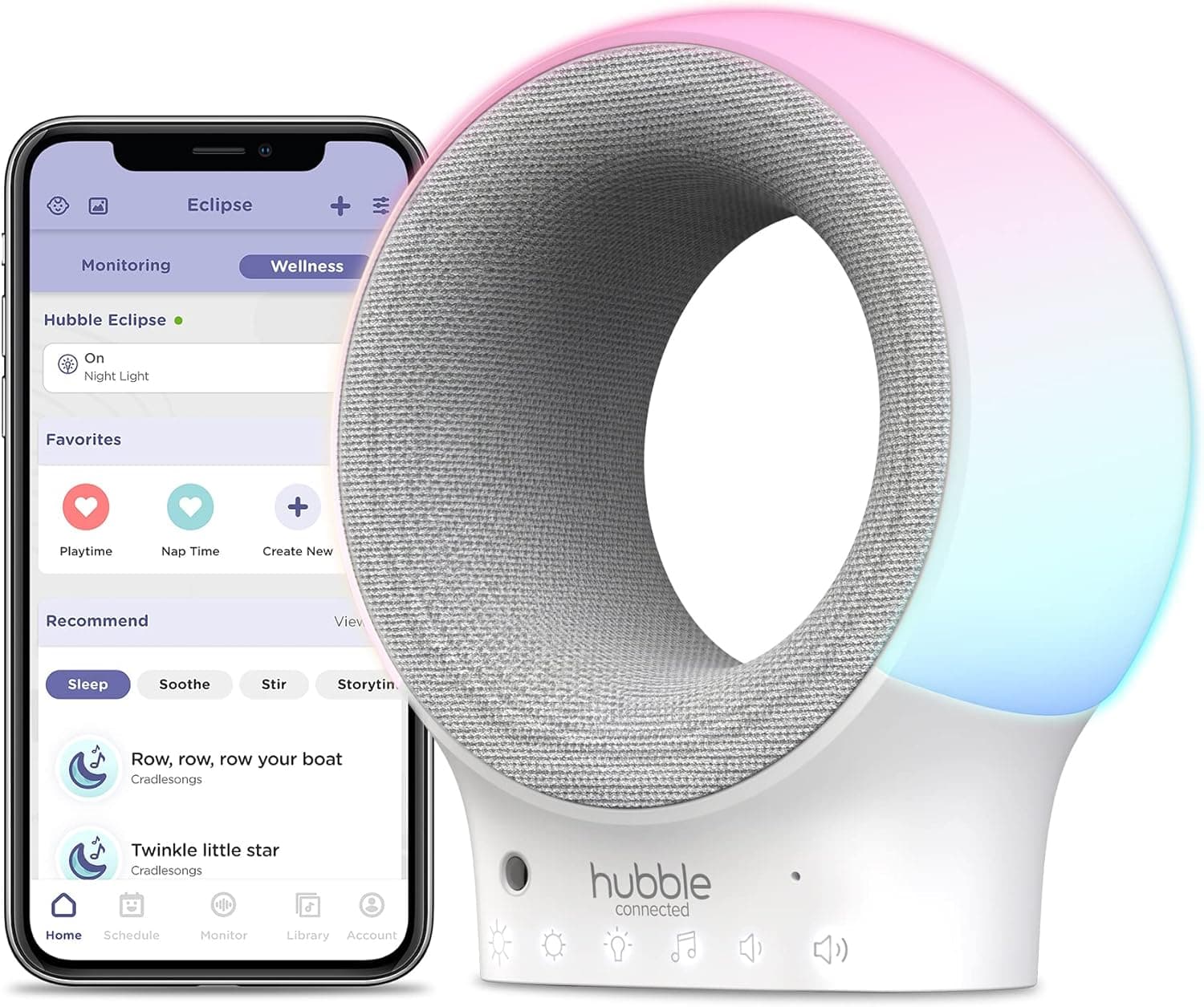 Hubble Connected Eclipse Monitor de áudio Wi-Fi inteligente e chupeta com luz noturna de 7 cores, SleepTrainer, canções de berço pré-carregadas, altifalante Bluetooth e sensor de temperatura ambiente