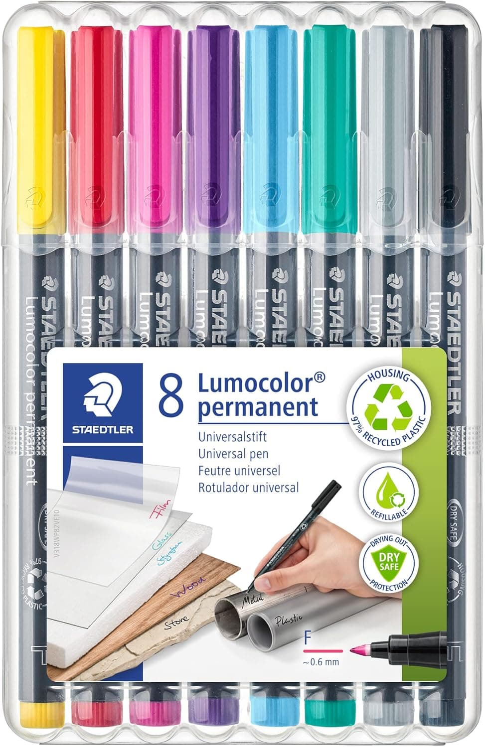 Staedtler Lumocolor 318 WP8-2 Marcador universal permanente (resistente à água, secagem em segundos, ponta F, 0,6 mm, 8 marcadores de cores brilhantes)