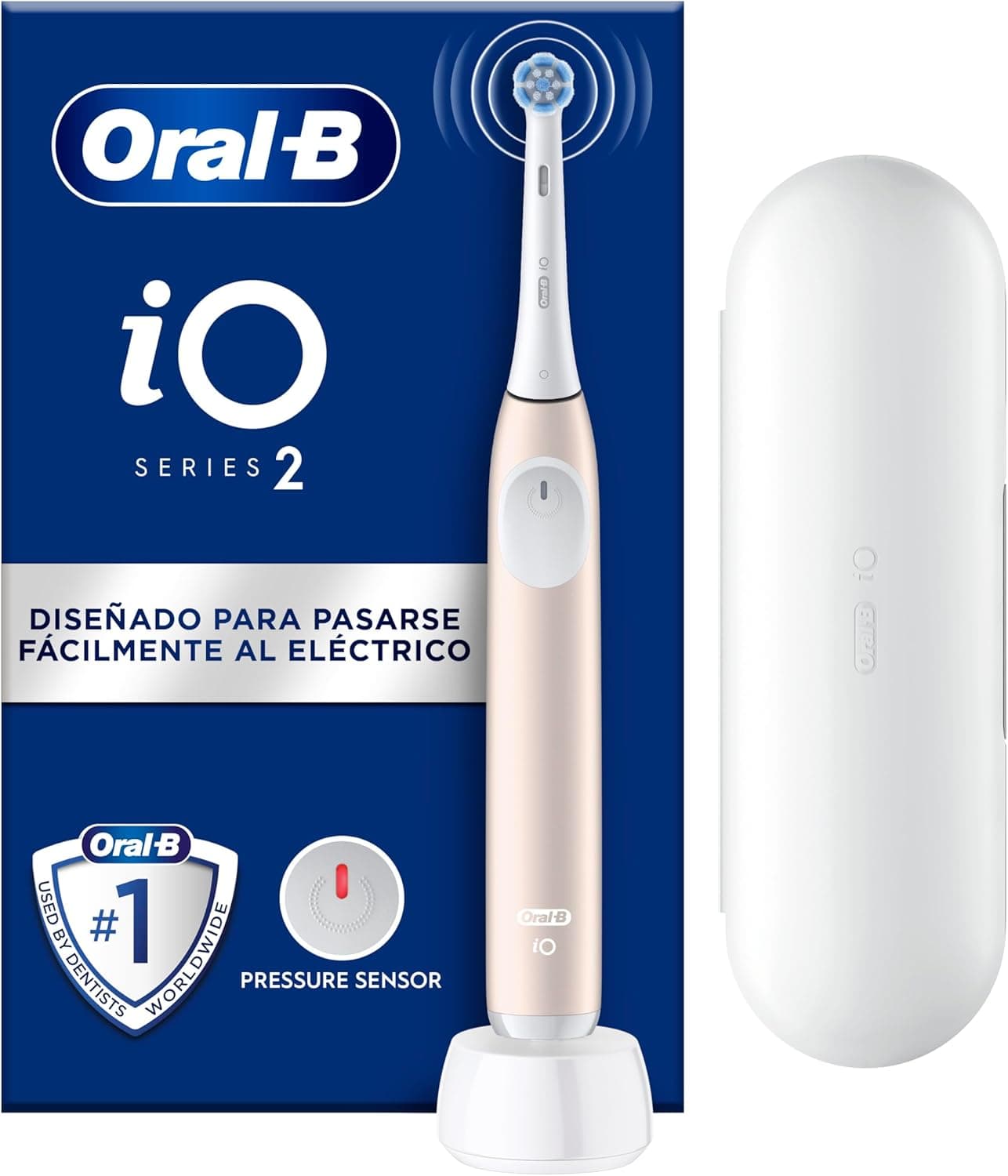 Oral-B iO 2 Escova de dentes elétrica rosa suave, 1 cabeça, 1 estojo de viagem, 1 suporte de substituição, 3 modos de escovagem, sensor de pressão e temporizador, desenhado por Braun