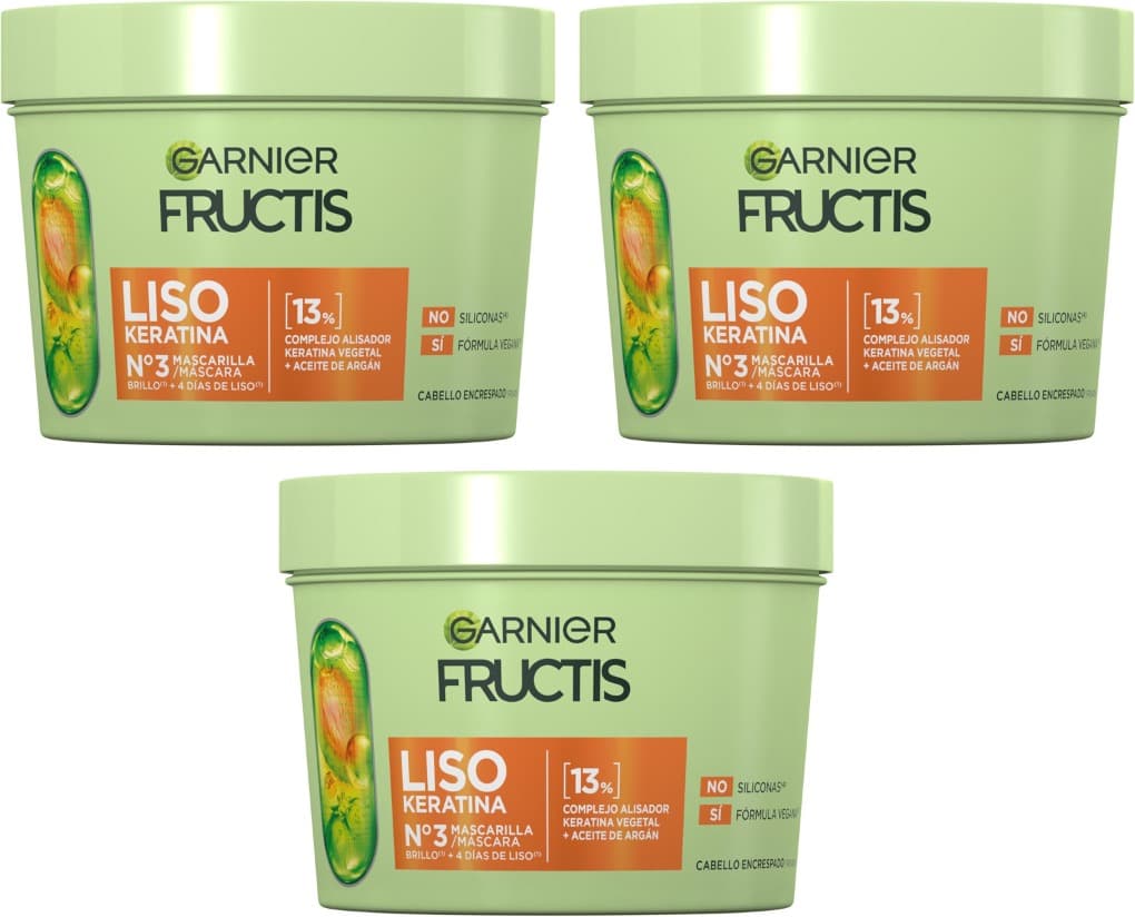 Garnier Fructis Nº3 Straight Keratin | Máscara capilar anti-frizz com queratina vegetal sem silicones, 370 ml x 3