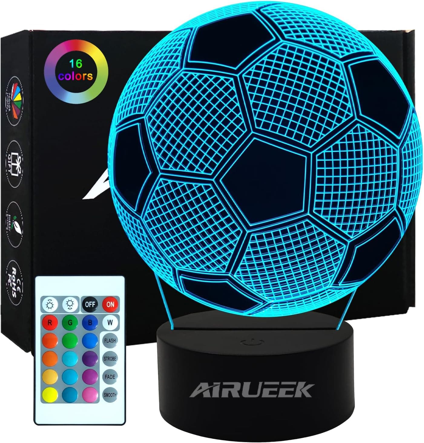 AIRUEEK Luz noturna 3D em forma de bola de futebol com controlo remoto 