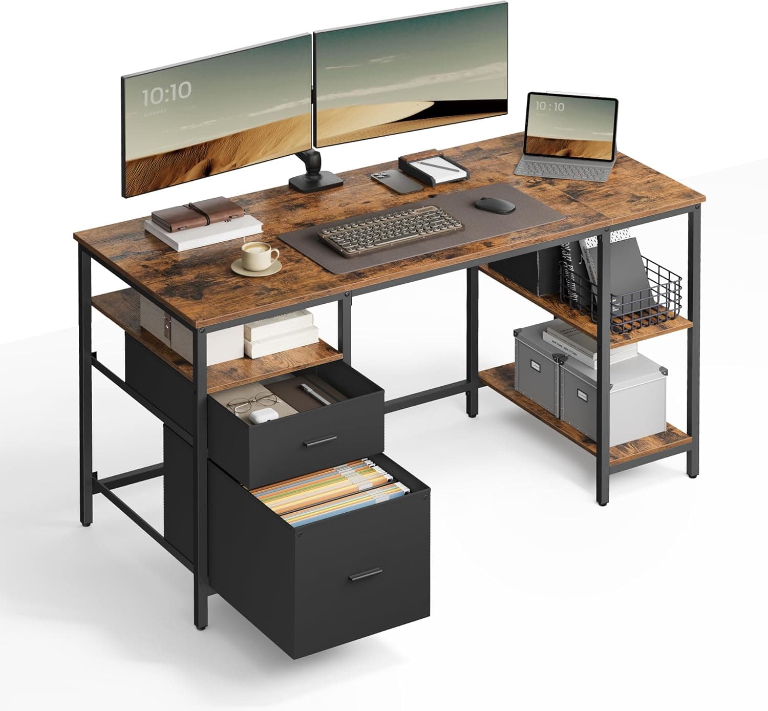 VASAGLE Secretária, mesa de computador, mesa de escritório, com 3 prateleiras, 2 gavetas, 60 x 140 x 76 cm, para escritório, sala de estar, estilo industrial, castanho rústico e preto LWD104B01