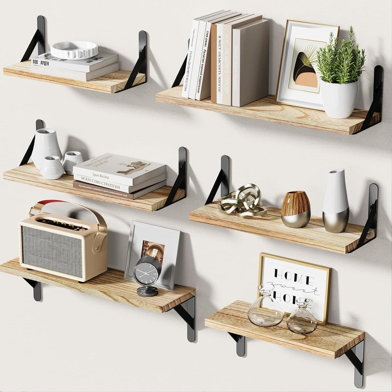 hell Conjunto de 6 prateleiras flutuantes de madeira para decoração de parede, prateleiras de parede rústicas para quarto, prateleiras de casa de banho para armazenamento de parede, prateleiras