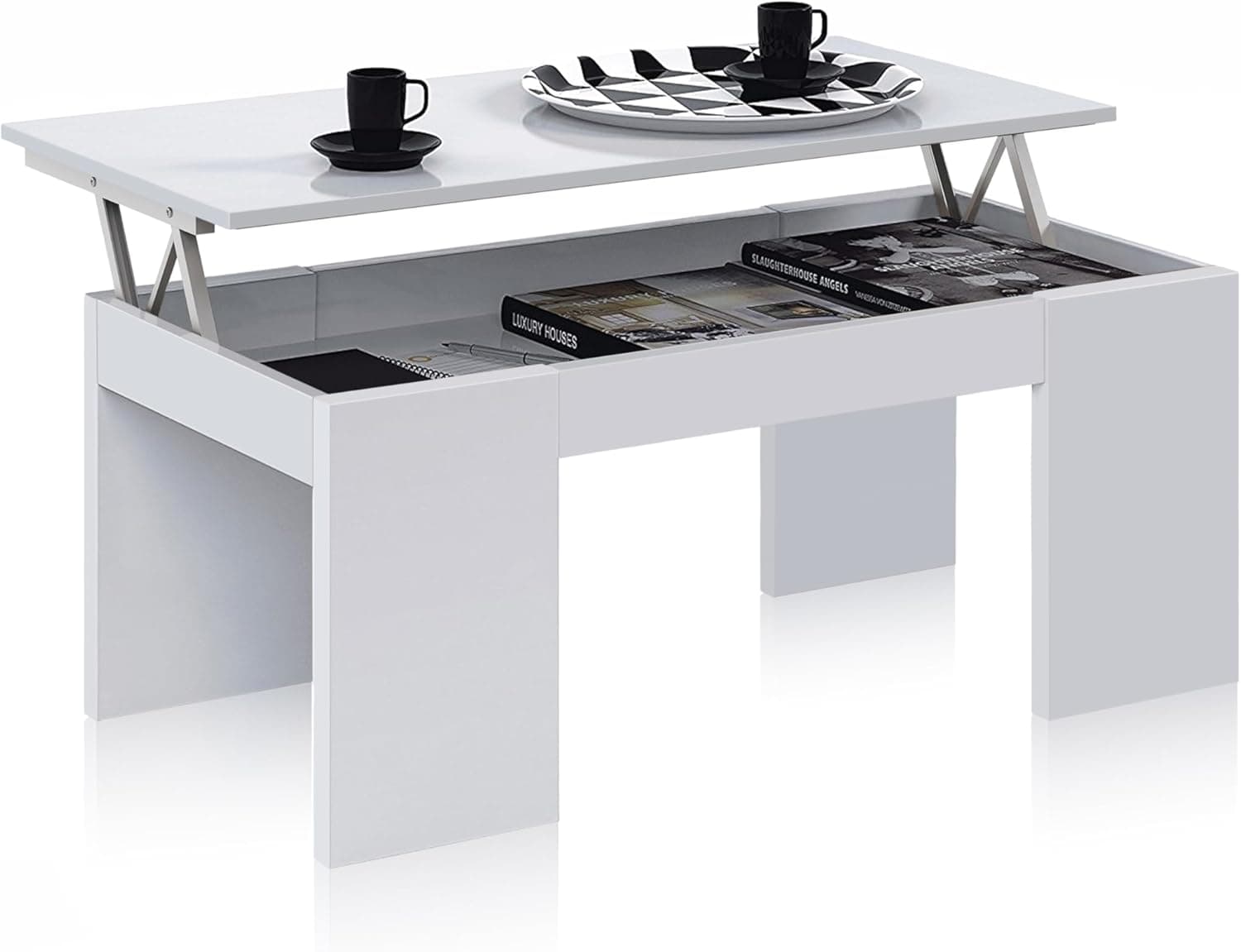 duehome | Mesa de centro elevatória, mesa para sala de estar/jantar, modelo Calex, acabamento branco brilhante, medidas: 100 cm (comprimento) x 50 cm (largura) x 43-54 cm (altura)