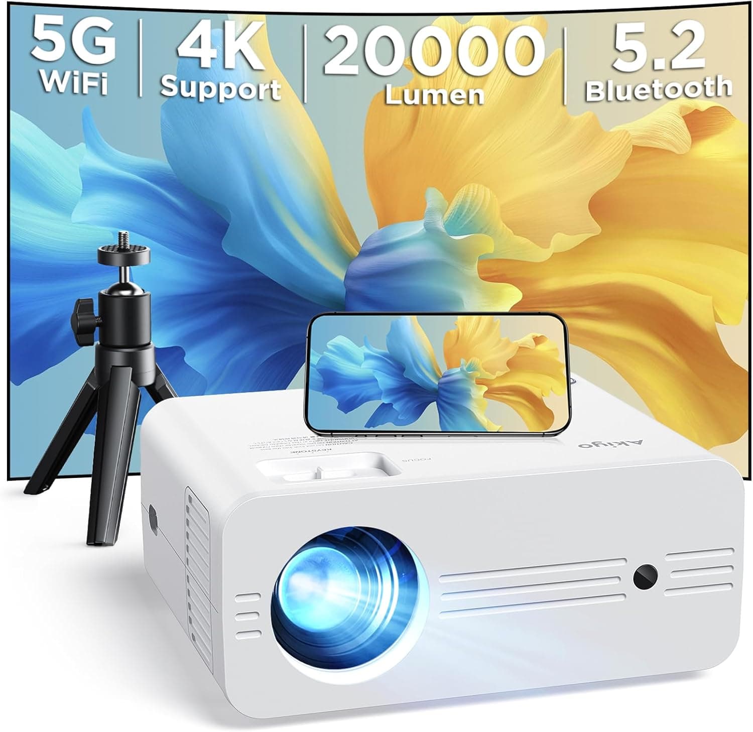 Projetor 4K WiFi Bluetooth 20000 lúmenes Full HD 1080P, AKIYO Projetor 4K suporte projetor portátil WiFi6 cinema em casa / exterior para telefone / TV Stick/PS5 HDMI USB (tripé incluído)
