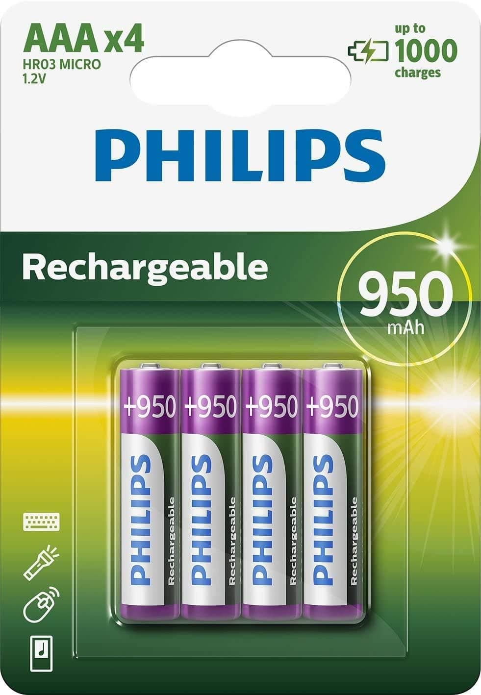 PHILIPS Pilhas AAA - pilhas recarregáveis HR03 - NiMH 1,2 V - 1000 recarregáveis - 950 mAh
