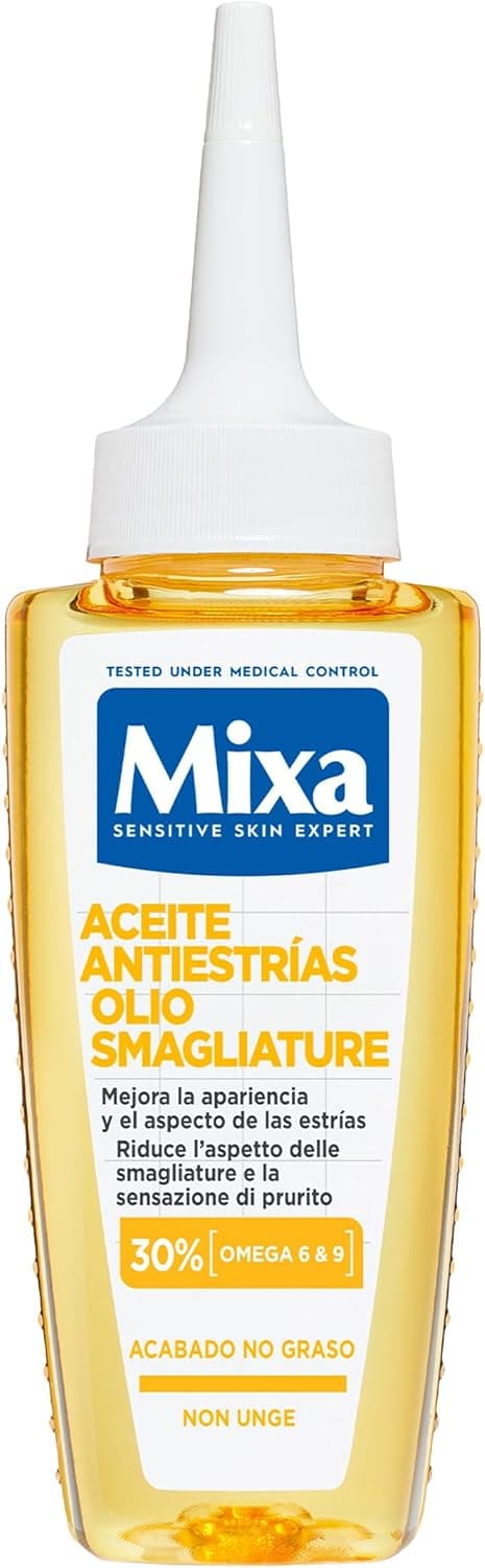 Mixa Óleo anti-estrias com 30% de [Ômega 6 e 9]. Melhora a aparência das estrias. Adequado para estrias de gravidez ou mudanças de peso. Acabamento não oleoso. Testado clinicamente. 100 ml