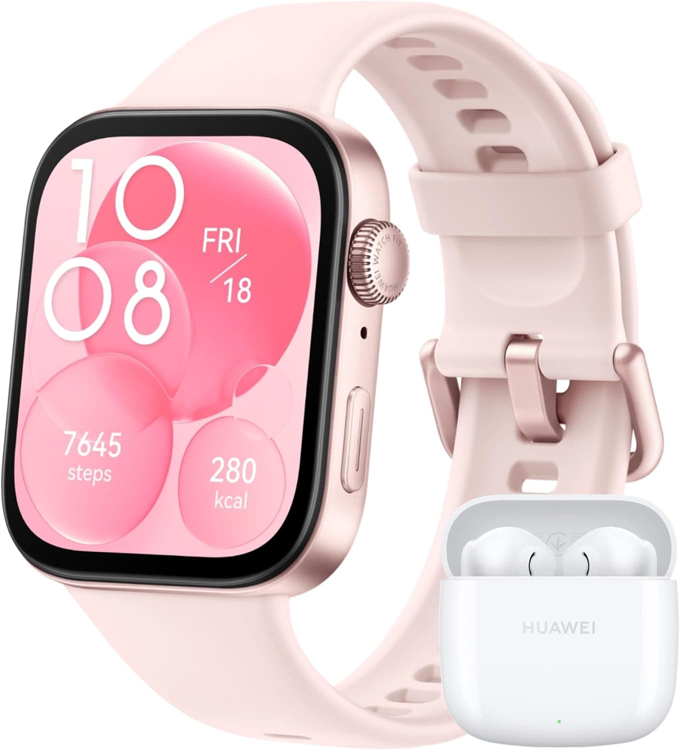 Huawei Watch Fit 3, ecrã AMOLED de 1,82 polegadas, design ultrafino, chamadas por Bluetooth, bateria de até 10 dias, compatível com Android & iOS +Freebuds SE 2, rosa