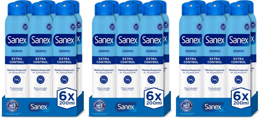 Sanex Dermo Extra Control Desodorante em spray, pack 6 unidades x 200 ml, com óxido de zinco antibacteriano, proteção contra o suor e o odor de até 48H, restaura o pH natural da pele