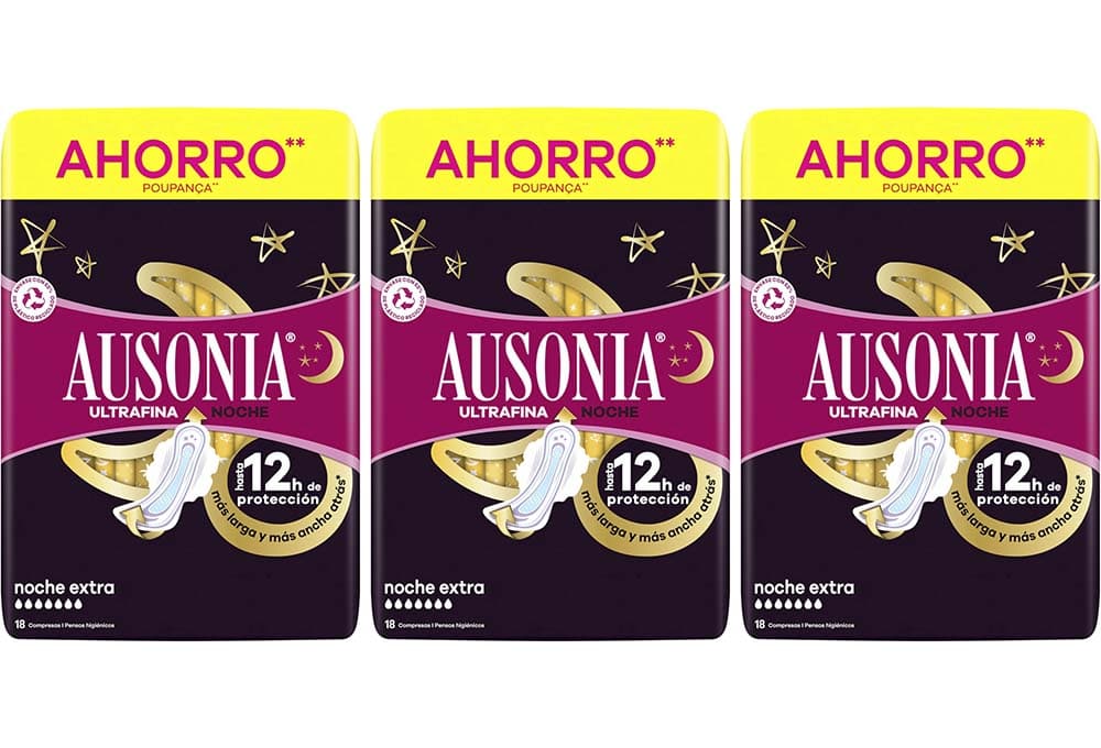 Ausonia Ultra fina minimalista noite extra compressas com asas, 18 un x 3