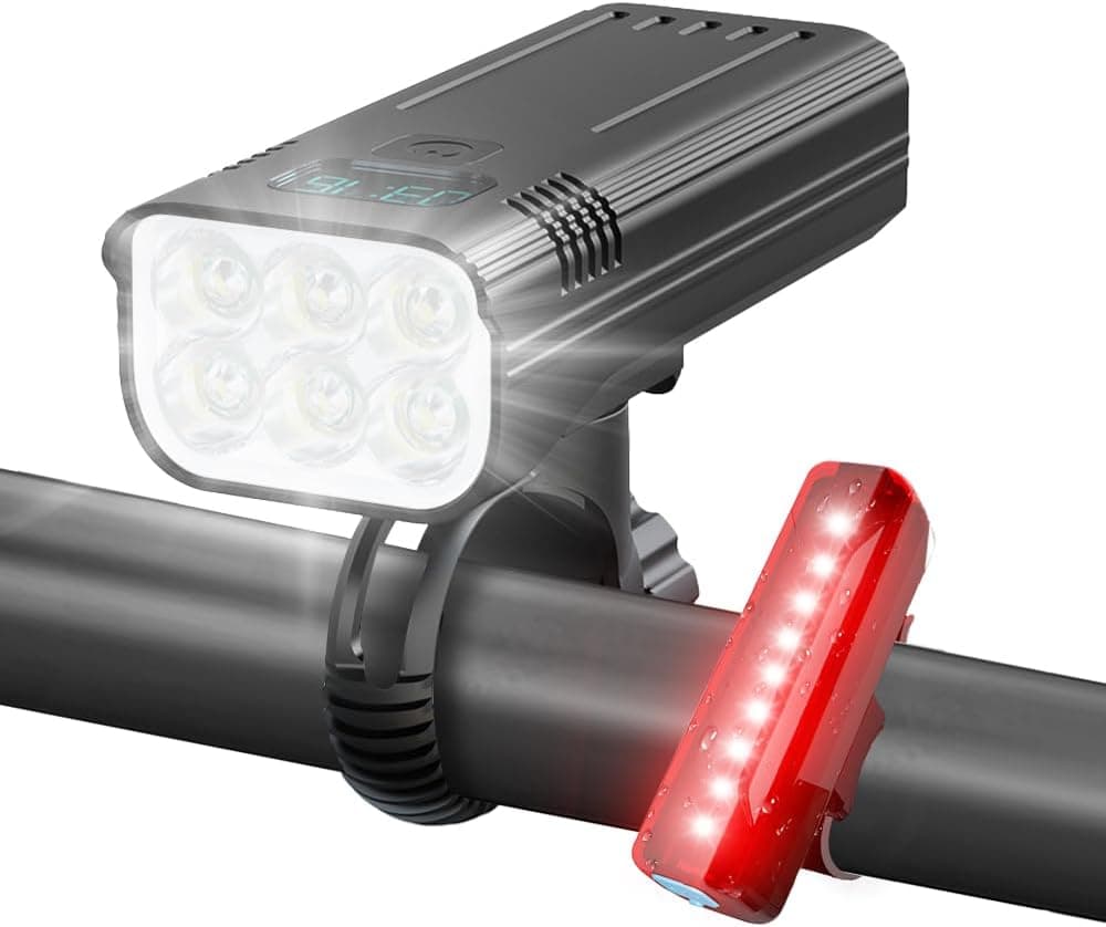 Victoper Luz de bicicleta, melhorada luz de bicicleta, luz de bicicleta frontal com ecrã digital, 8000 lúmenes, 8 LED, 5 + 5 modos, IPX5 impermeável, luzes dianteiras e traseiras recarregáveis para
