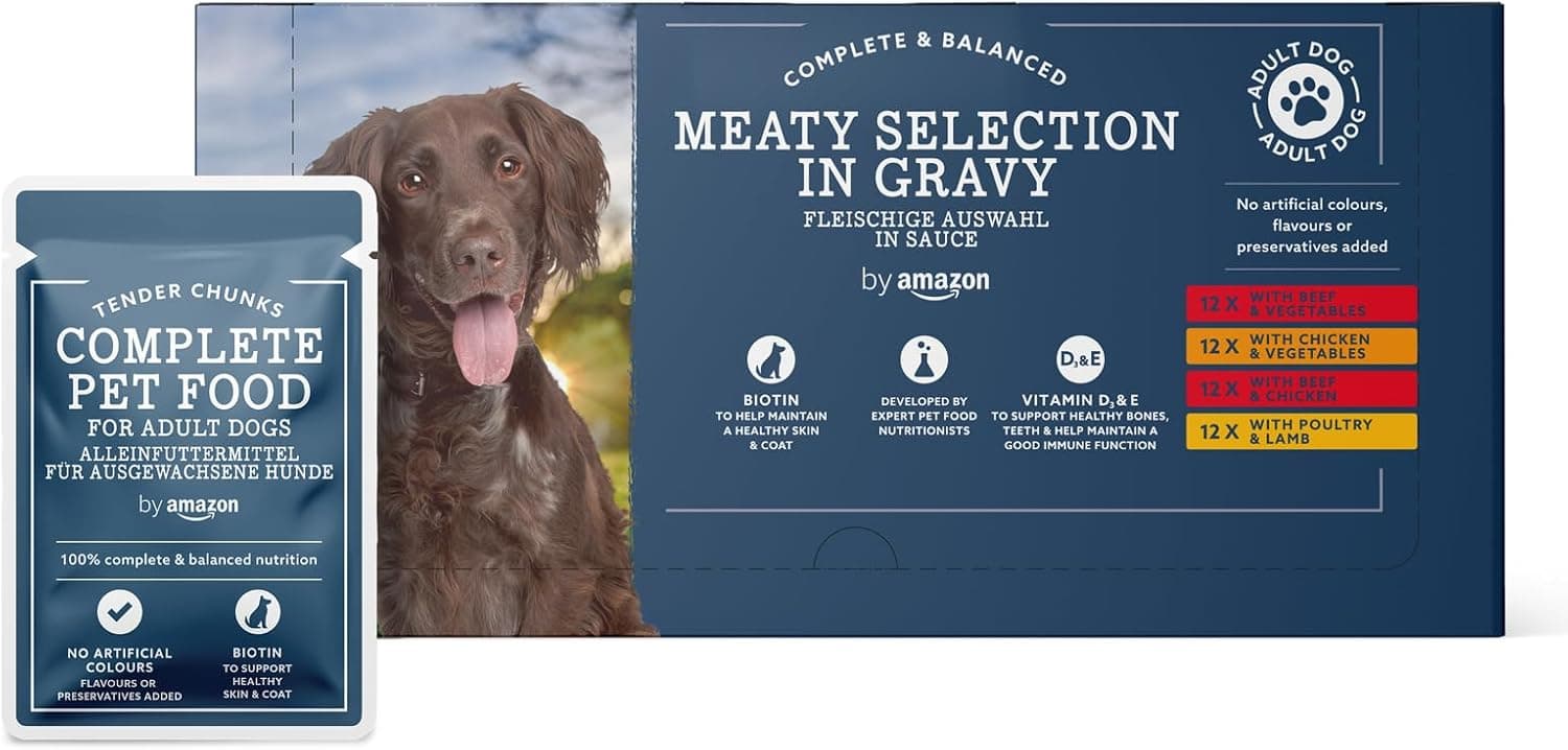 by Amazon Alimento completo para cães adultos - seleção de carne em molho, 4,8 kg (48 embalagens de 100 g)