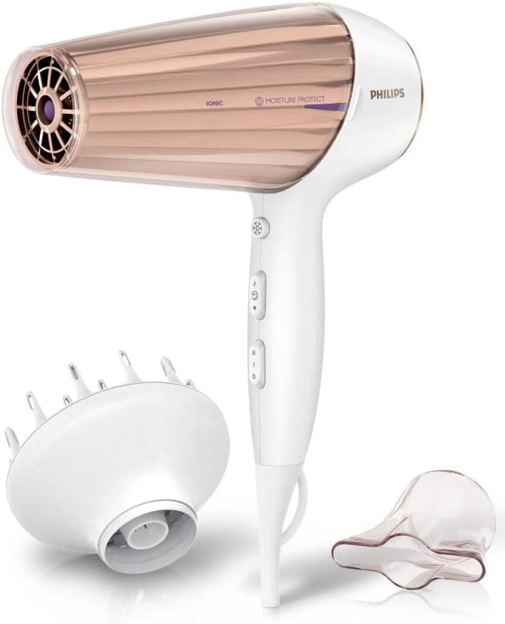 Philips Hair Dryer 7000, Preserve Hydration, 2300 w, Iónico, estreito, difusor, 3 temperaturas, 3 velocidades, HP8280/00, branco/rosa, a embalagem pode variar
