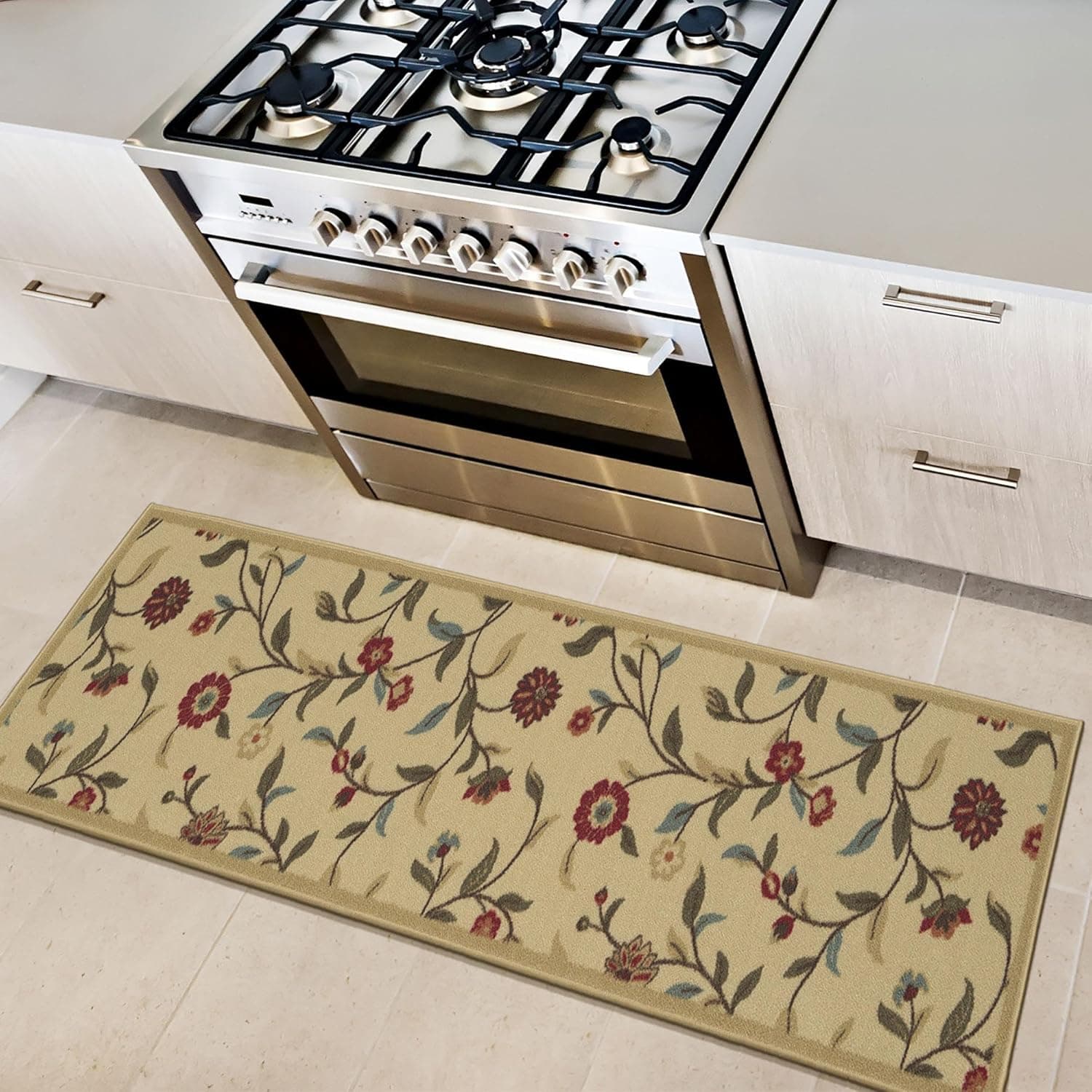 Ottomanson Ottohome - Tapete retangular, base de borracha, design contemporâneo de folhas, 50 x 150 cm, cor bege