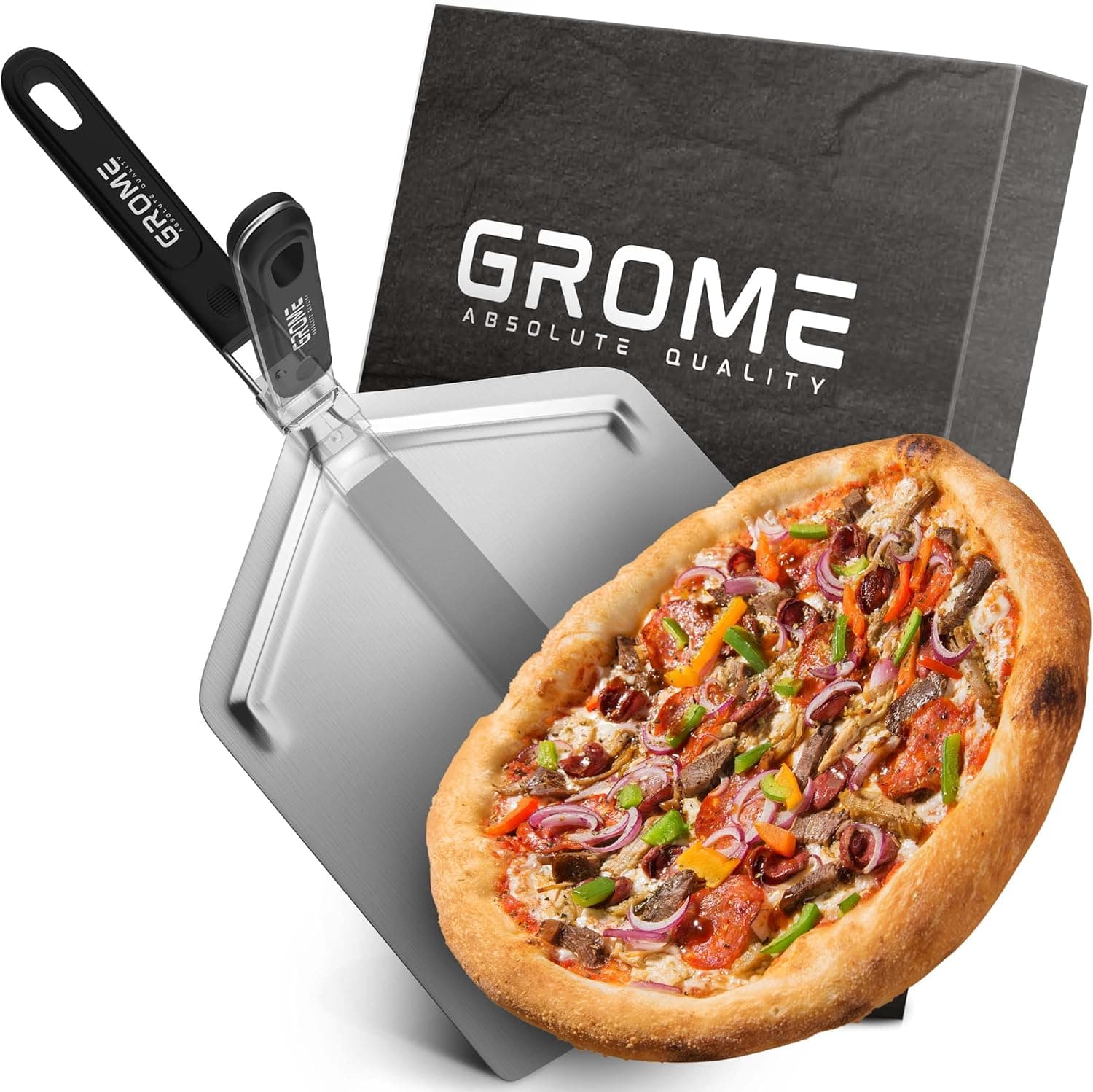 GROME Rac Pizza Peel XXL - Pala para pizza com cabo dobrável para fácil armazenamento, fabricada em aço inoxidável W43 inofensivo para a saúde