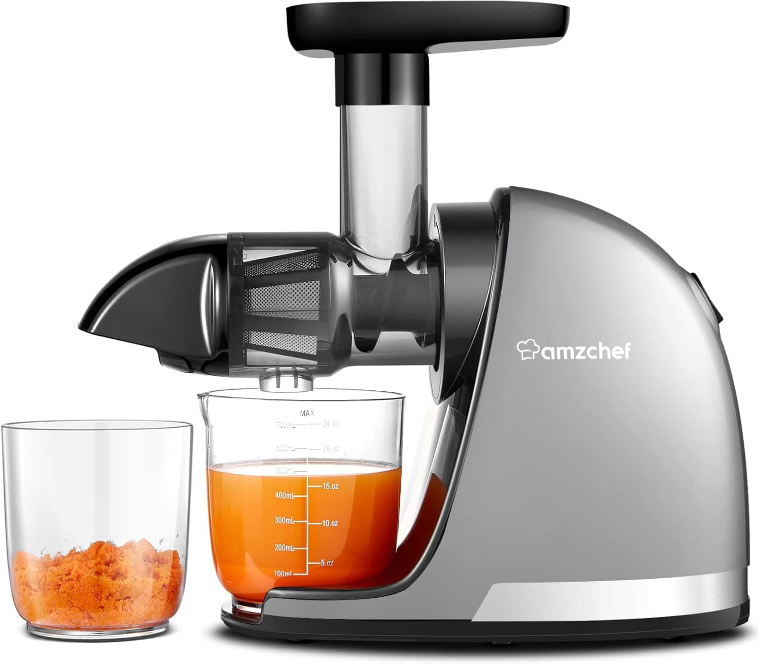AMZCHEF Liquidificadora prensado a frio - extrator de sumos e legumes - liquidificadora para sumos com 2 depósitos e escova - Cold press slow juicer machine com função de mastigação reversa - prata 