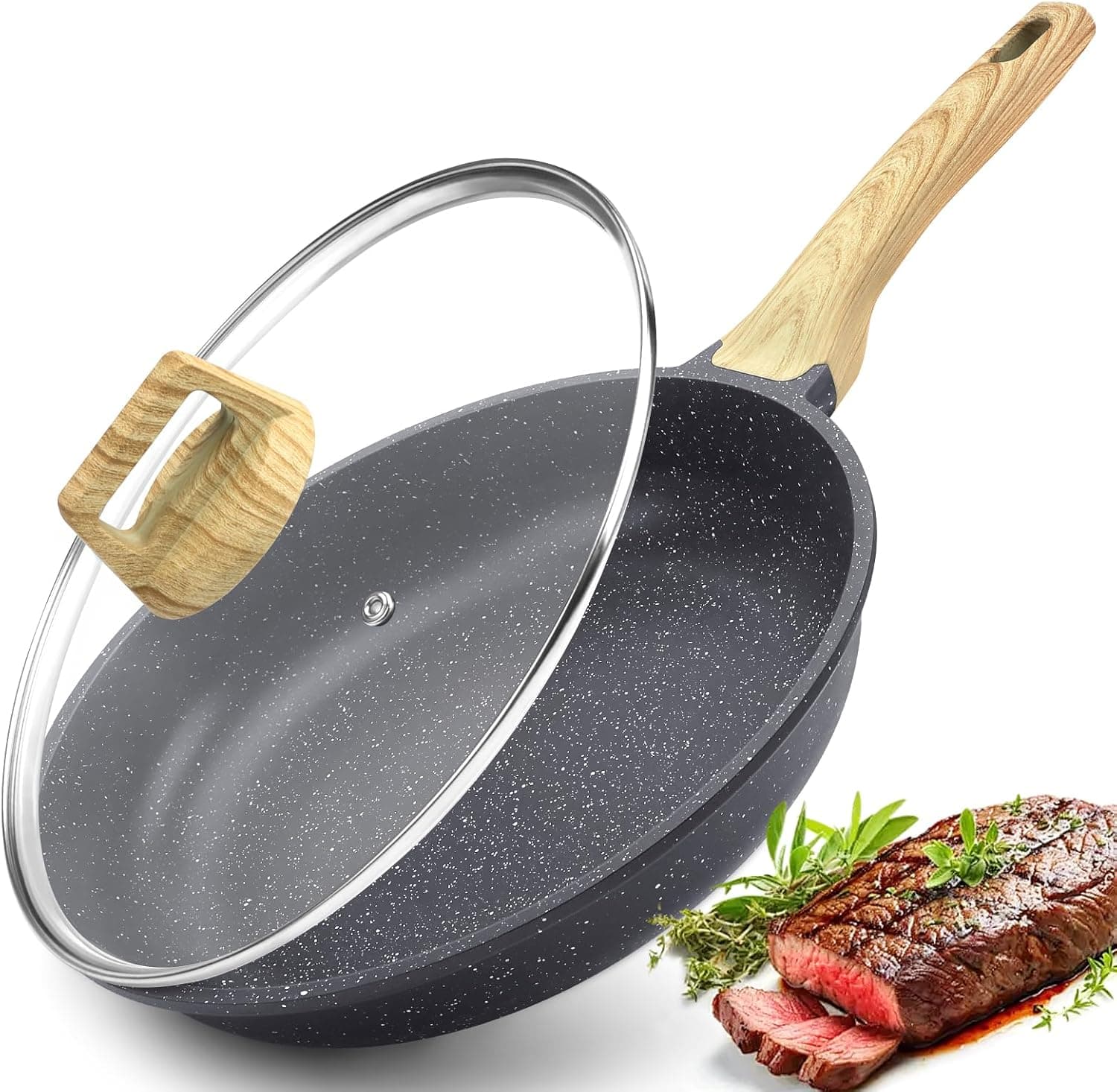 GiPP Frigideira antiaderente - frigideira antiaderente de granito, frigideira de cozinha não tóxica, bandeja de ovo frito com cabo refrigerado, fácil de limpar, compatível com indução (cinzento, 24 cm)