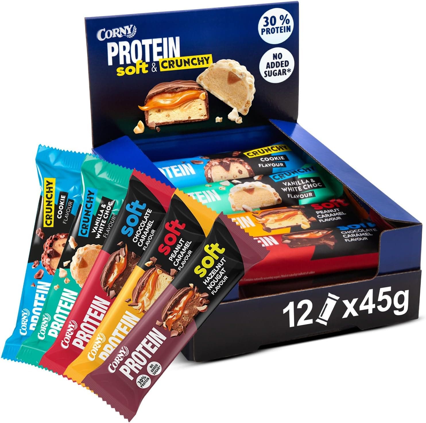 Corny Protein Soft & Crunchy | Caixa sortida de 12 barras proteicas com 30% de proteína, 12 x 45 g