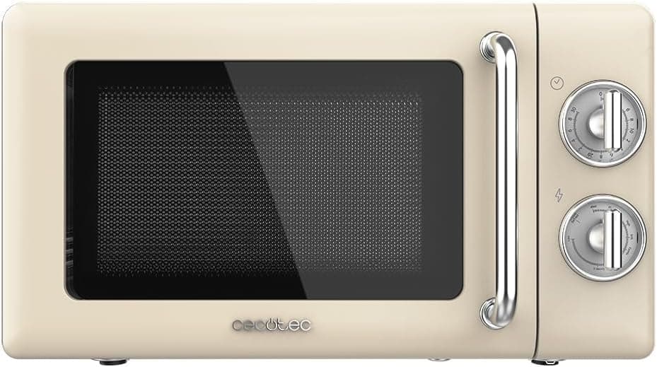 Cecotec Microondas mecânico com brilho de 20 l, Proclean 3110, retro bege. 700 W em 6 níveis, temporizador até 30 minutos, modo de descongelação, design vintage em bege, acabamento em aço