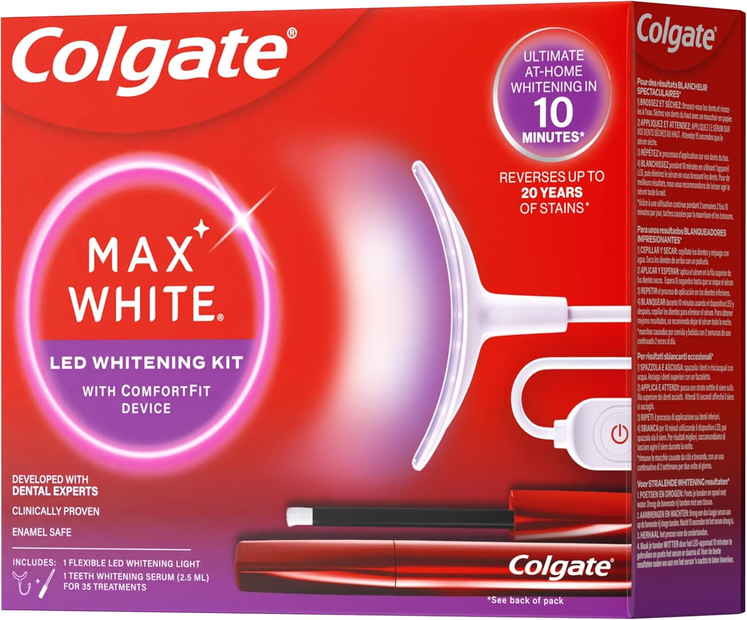 COLGATE Max White Ultimate Kit de branqueamento dental LED em casa, seguro para esmalte, inverte até 20 anos de manchas, inclui pincel branqueador