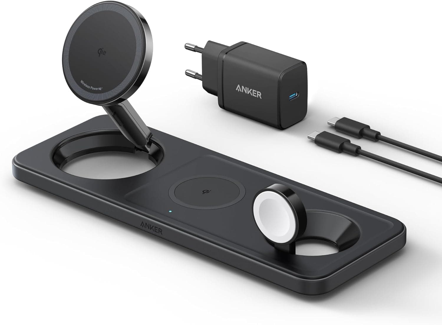 Anker Estação de carregador sem fios para iPhone 3 em 1, dobrável, suporte de carregamento ultra rápido de 15 W certificado Qi2 para iPhone 16/15/14 séries, AirPods, Apple Watch Ultra (com cabo e