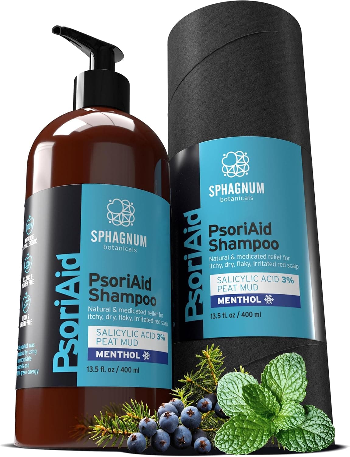 Novo 2025 Sphagnum Botanicals champô natural para psoríase – tratamento para couro cabeludo seco e comichão com mentol, ácido salicílico 3% e lama de turfa. Alívio para Caspa e Eczema, 400 ml