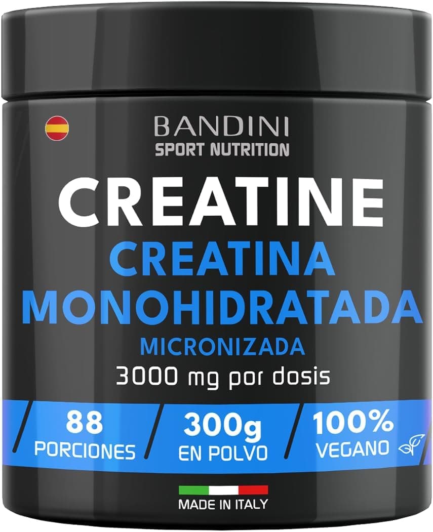 Bandini® Creatina em pó microfibra, 100% puro monohidrato de creatina para desempenho e potência muscular, sem sabor, inclui doseador de 88 porções, 300 gramas vegan - Creatine Powder