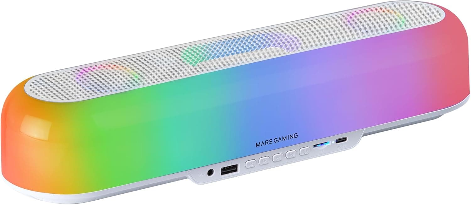 Mars Gaming MSB-ORB, Altifalante portátil barra de som de 20 W, iluminação Orbilight RGB de 360º, Soundbar com sistema de driver tripla, altifalantes Gaming Bluetooth 5.3 / USB / MicroSD / AUX / FM